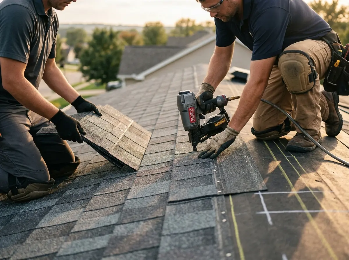Professional roofer working on a residential roof in East Manchester